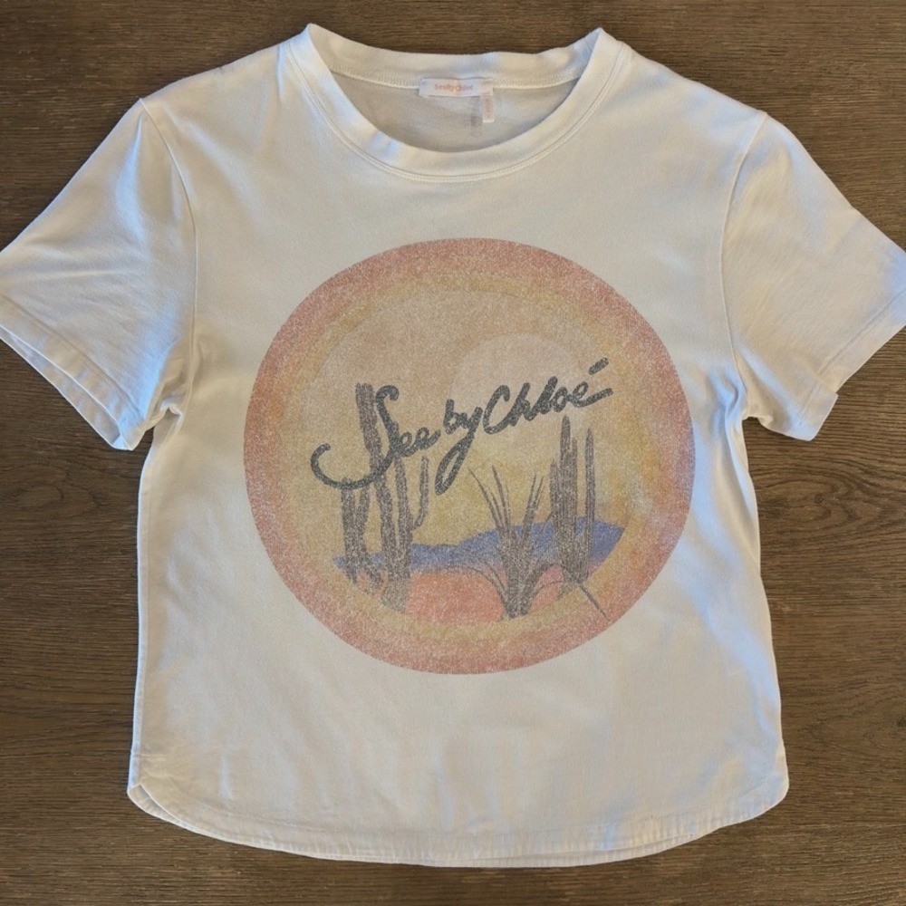 See By Chloe Sunrise Tee-White Powder-Graphic print-Short Sleeve‎ Designer Top-S